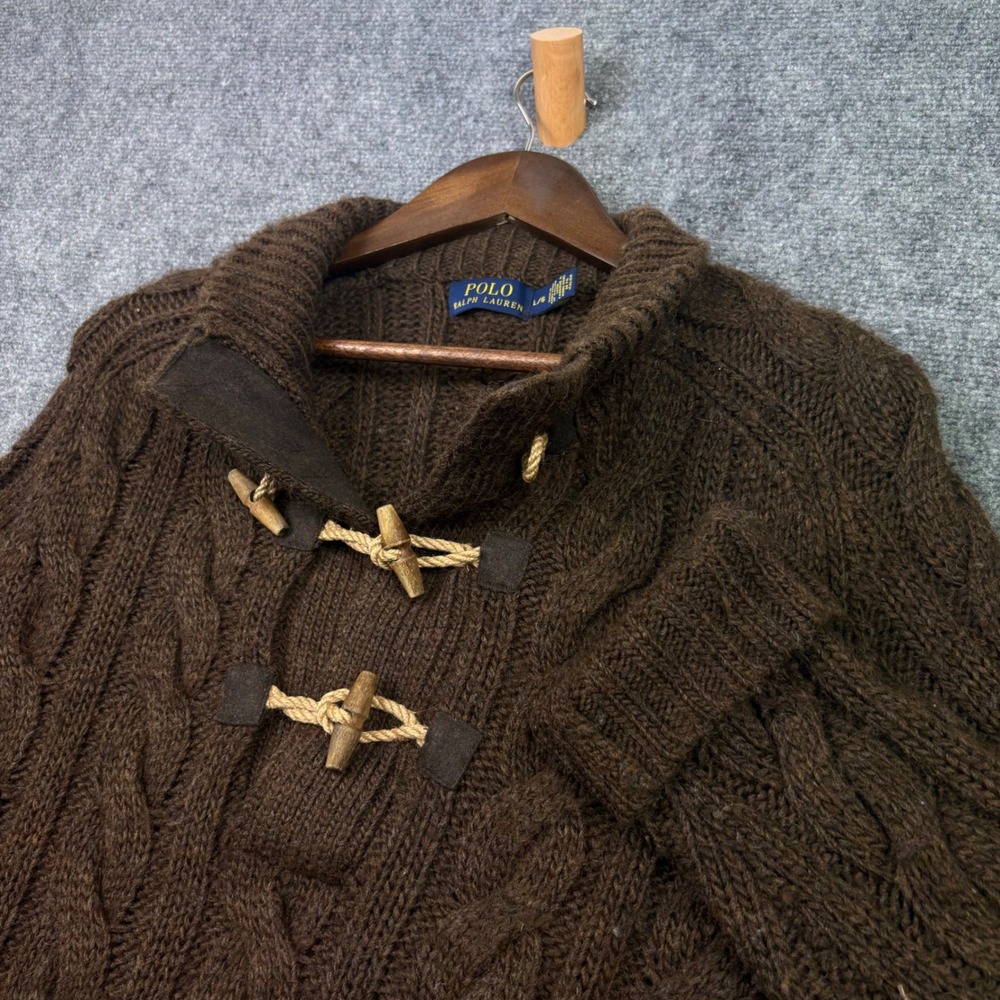 Polo Ralph Lauren Sweater Mens L Brown Cable Knit Toggle Wool Alpaca Blend 0672